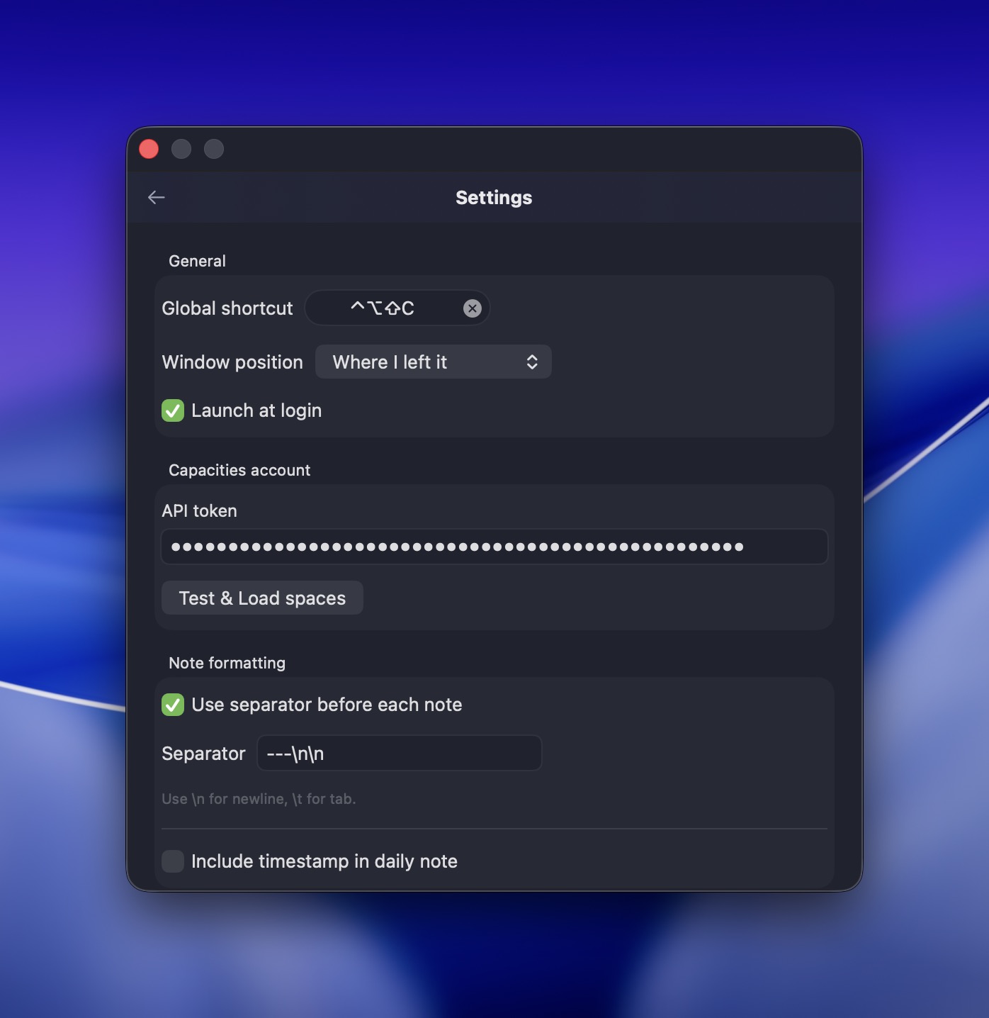 The CapNote settings face showing General, Capacities account, and Note formatting sections